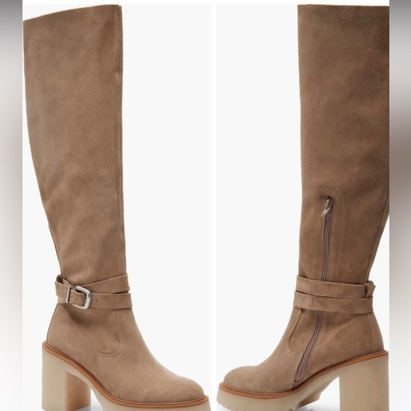 NWT Free People Jasper OTK Boots Suede Tan Block Heel Buckle Strap Boots - Picture 2 of 8